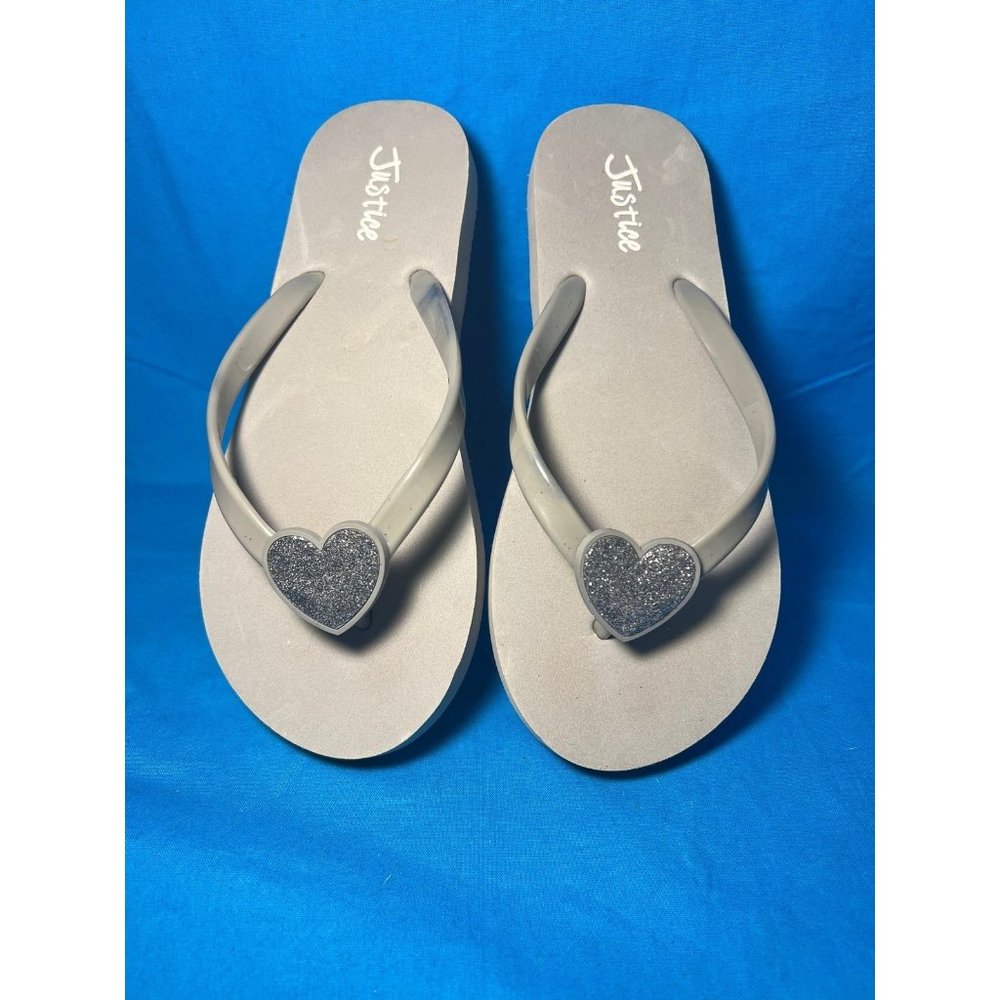 Girls Justice Grey Glitter Heart Flip Flops Sandals Size 3-4 Years